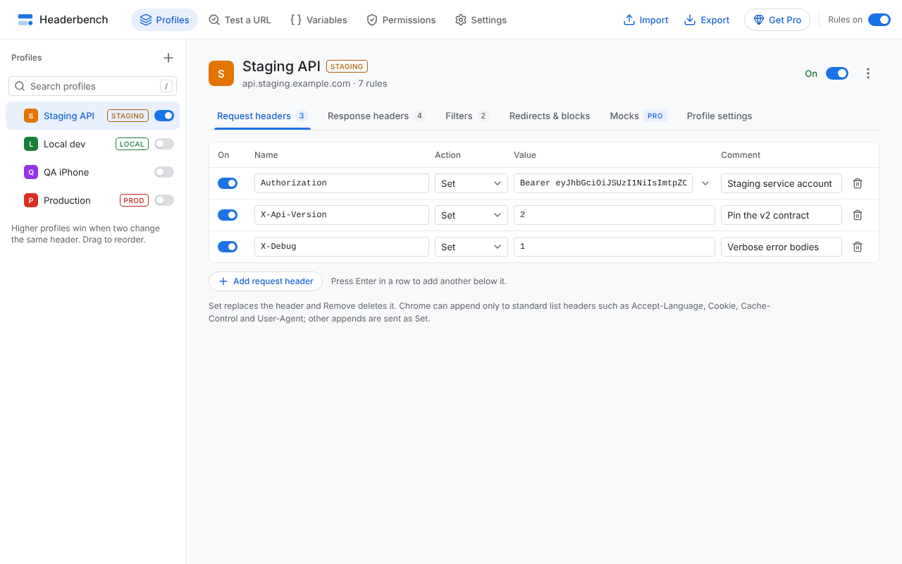 The Headerbench editor with a Staging API profile: Authorization, X-Api-Version and X-Debug request headers, plus CORS response headers.
