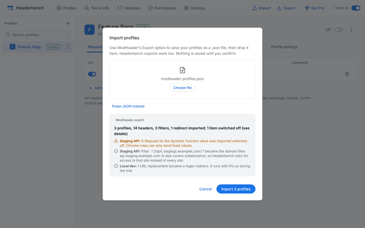 The Headerbench import dialog after importing a ModHeader file, with a report of profiles, headers and redirects imported.